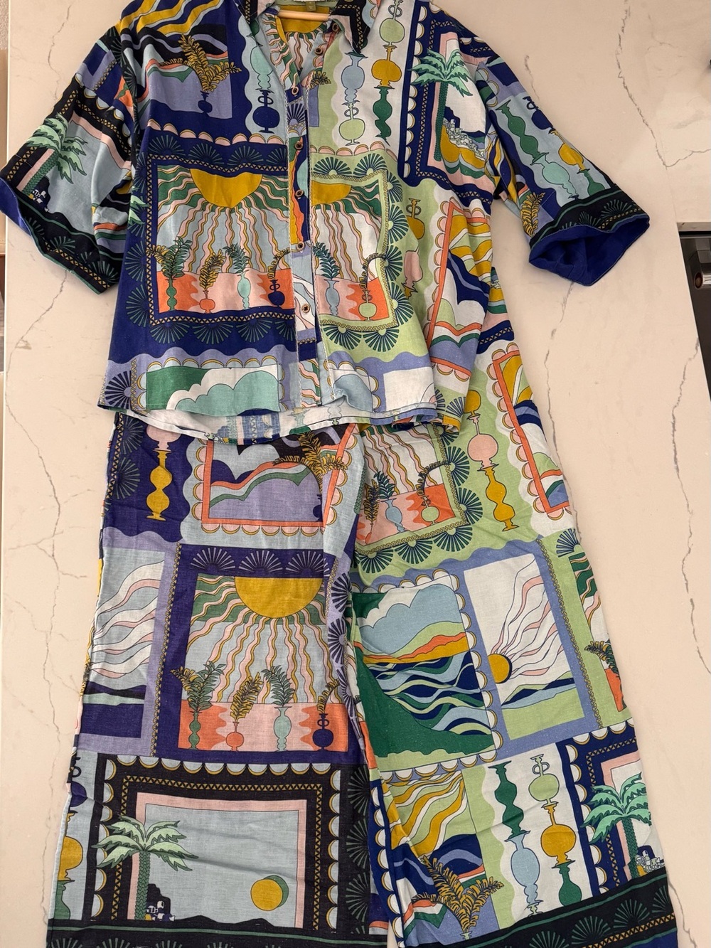 Celandine Linen Blend Mediterranean Print Matching Set | Shirt + Pants M